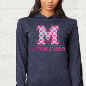 navy with pink polka dot M logo