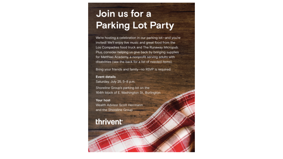 Thrivent Parking Lot Party Flyer for 2026-07-25