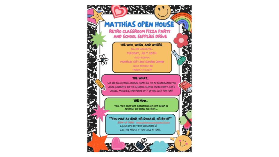 Matthias Gift Shop Open House flyer July 2026