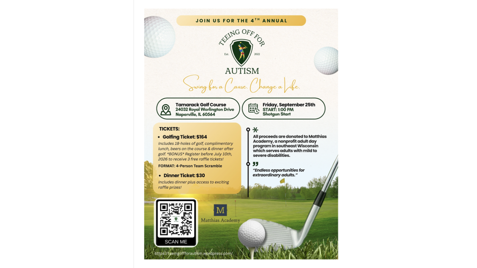 Teeing Off For Autism Flyer for September 25, 2026